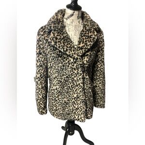 DKNY JEANS Faux Fur Leopard Coat Swing Print Party Coat Womens Small